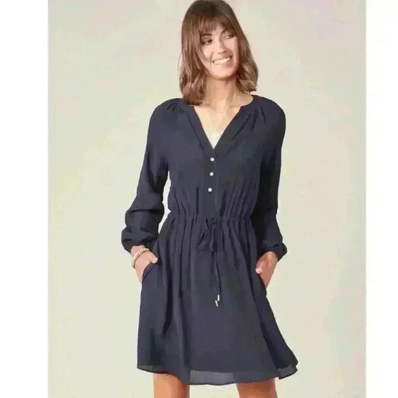 SPARTINA 449 Catalina Slate Blue Long Sleeve Draw String Waist Mini Dress Sz. XL - Picture 1 of 13